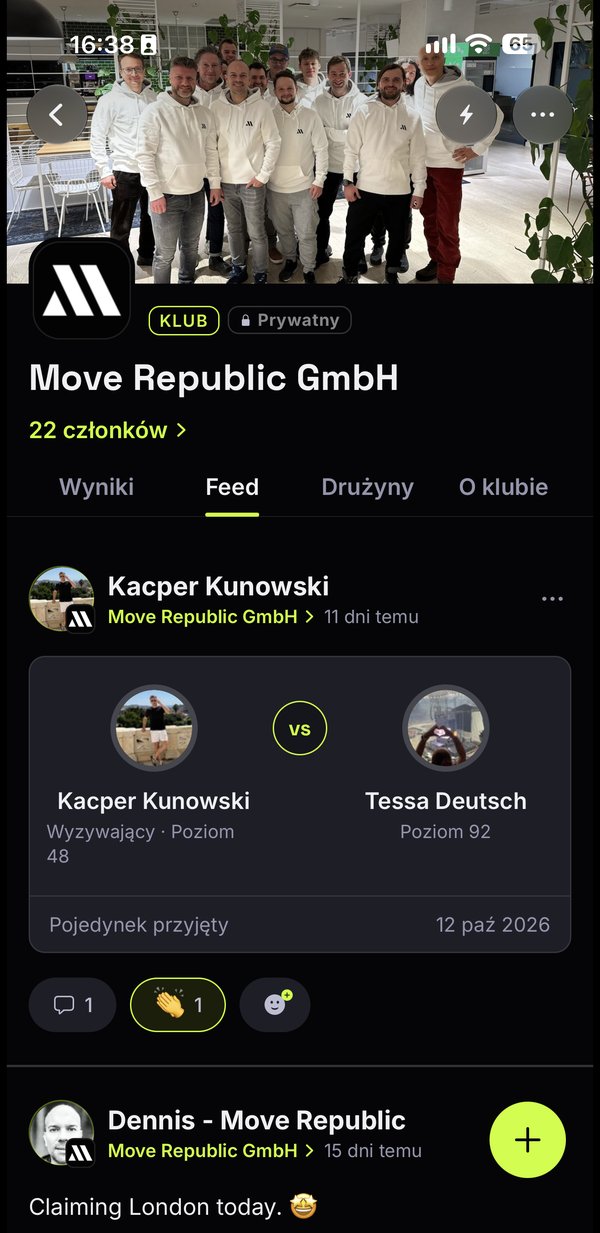 Company club in the app — feed and a 1:1 duel